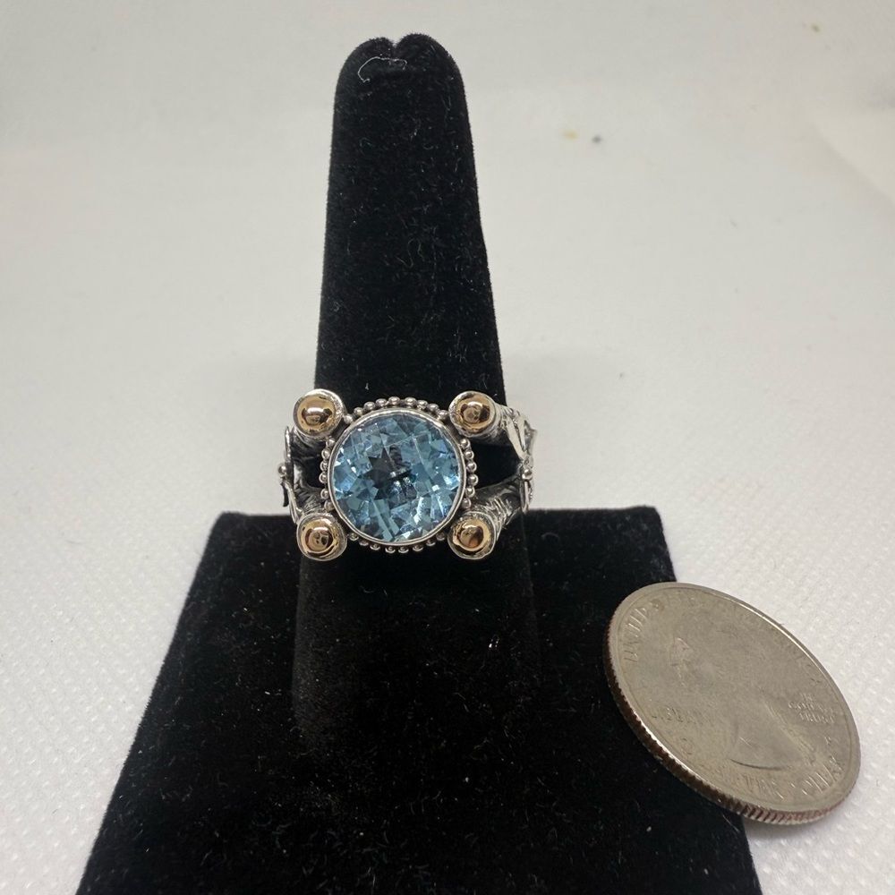 Blue topaz sterling silver ring with 18kt gold accents size 10 - Picture 3 of 8